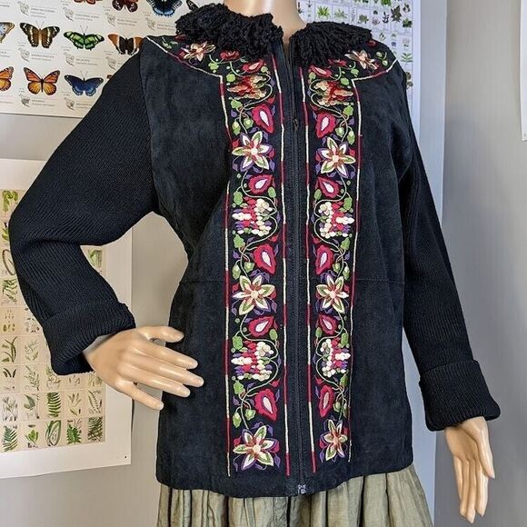 Vintage 90s Maurice Sasson Suede Jacket Ribbed Knit Black Floral Embroidery L - Picture 1 of 9
